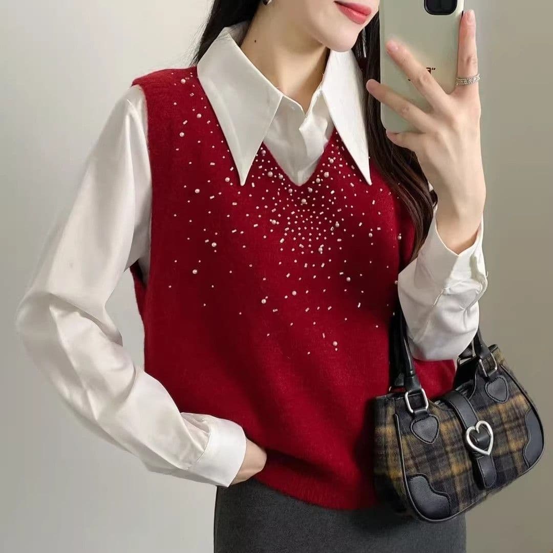 도파민 새로운 디자인 센스 비즈 박기 니트 민소매 루즈핏 베스트 조끼 V넥 패션 플래시 훈련 봄 가을 맨위 상세 이미지 2