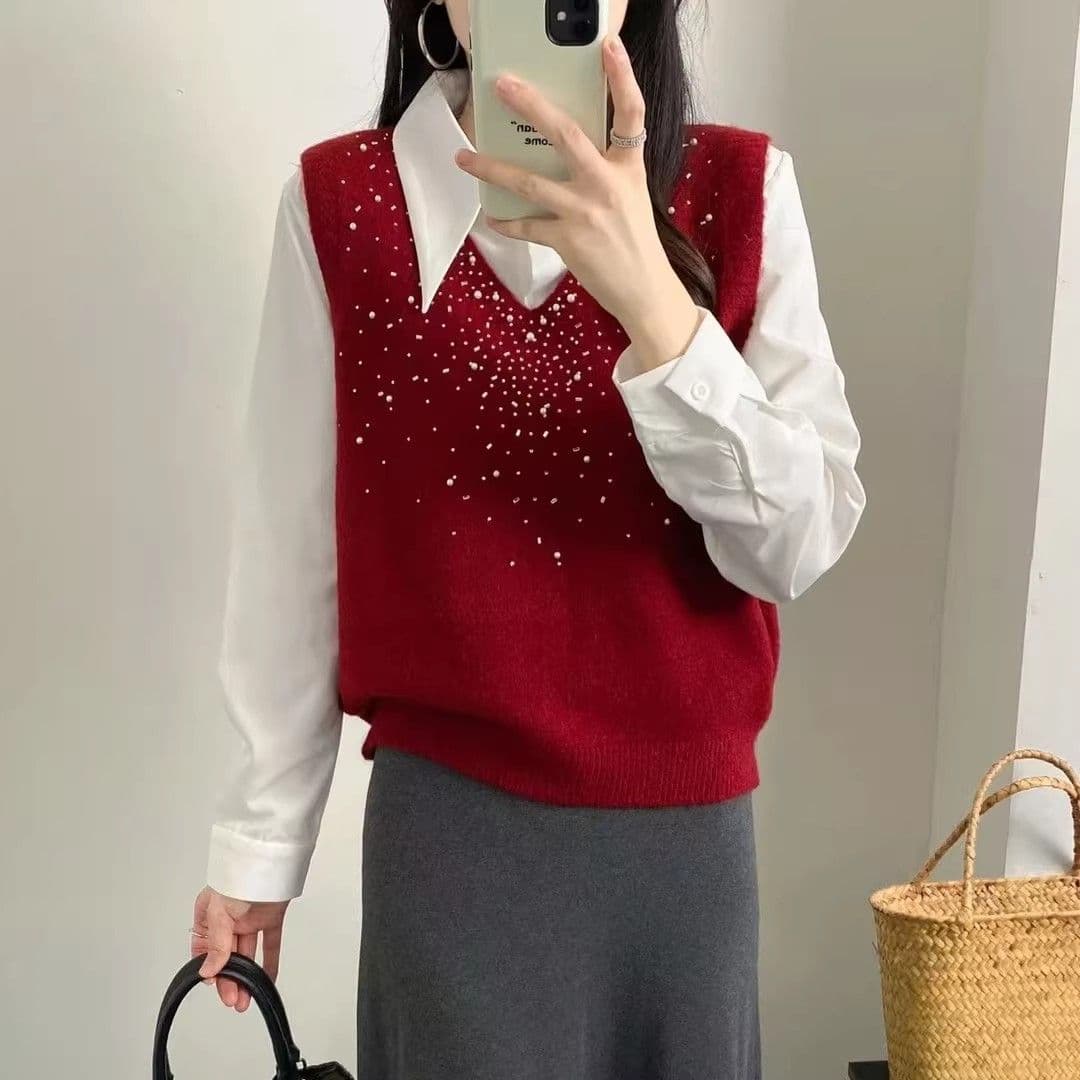 도파민 새로운 디자인 센스 비즈 박기 니트 민소매 루즈핏 베스트 조끼 V넥 패션 플래시 훈련 봄 가을 맨위 상세 이미지 27