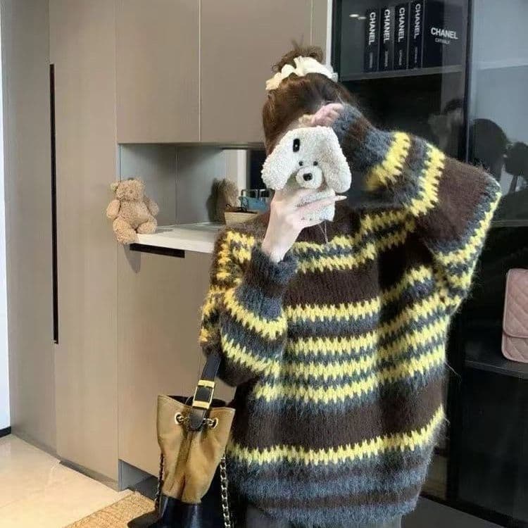 패션 한 부서 분위기 센스 공정한 섬 스트라이프 두꺼운 스웨터 여자 겨울 새로운 느긋한 고급 센스 니트 스웨터 여성 상세 이미지 5