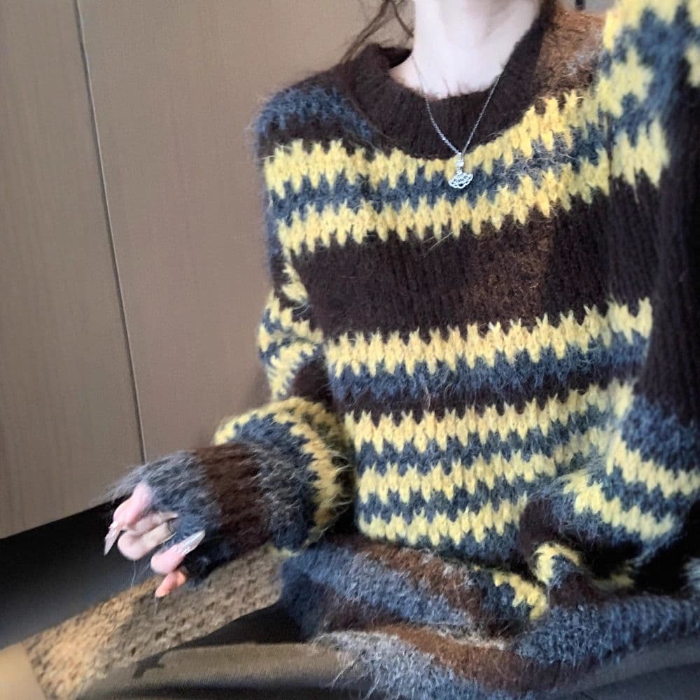 패션 한 부서 분위기 센스 공정한 섬 스트라이프 두꺼운 스웨터 여자 겨울 새로운 느긋한 고급 센스 니트 스웨터 여성 상세 이미지 9