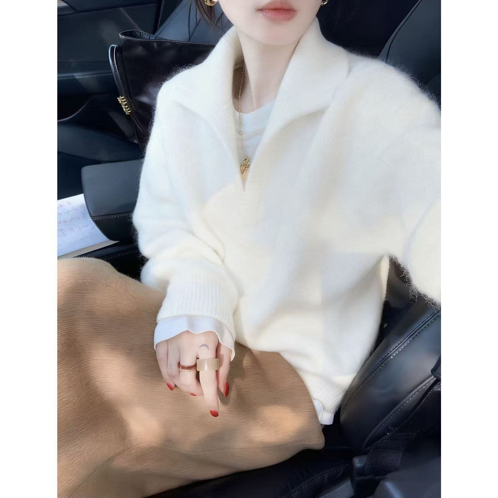 부드러운 패션 반하이넥 니트 오픈 가디건 가을 슬림해 보이는 다용도 스웨터 여자 루즈핏 느긋한 바람 다용도 맨위 여성 이미지 3