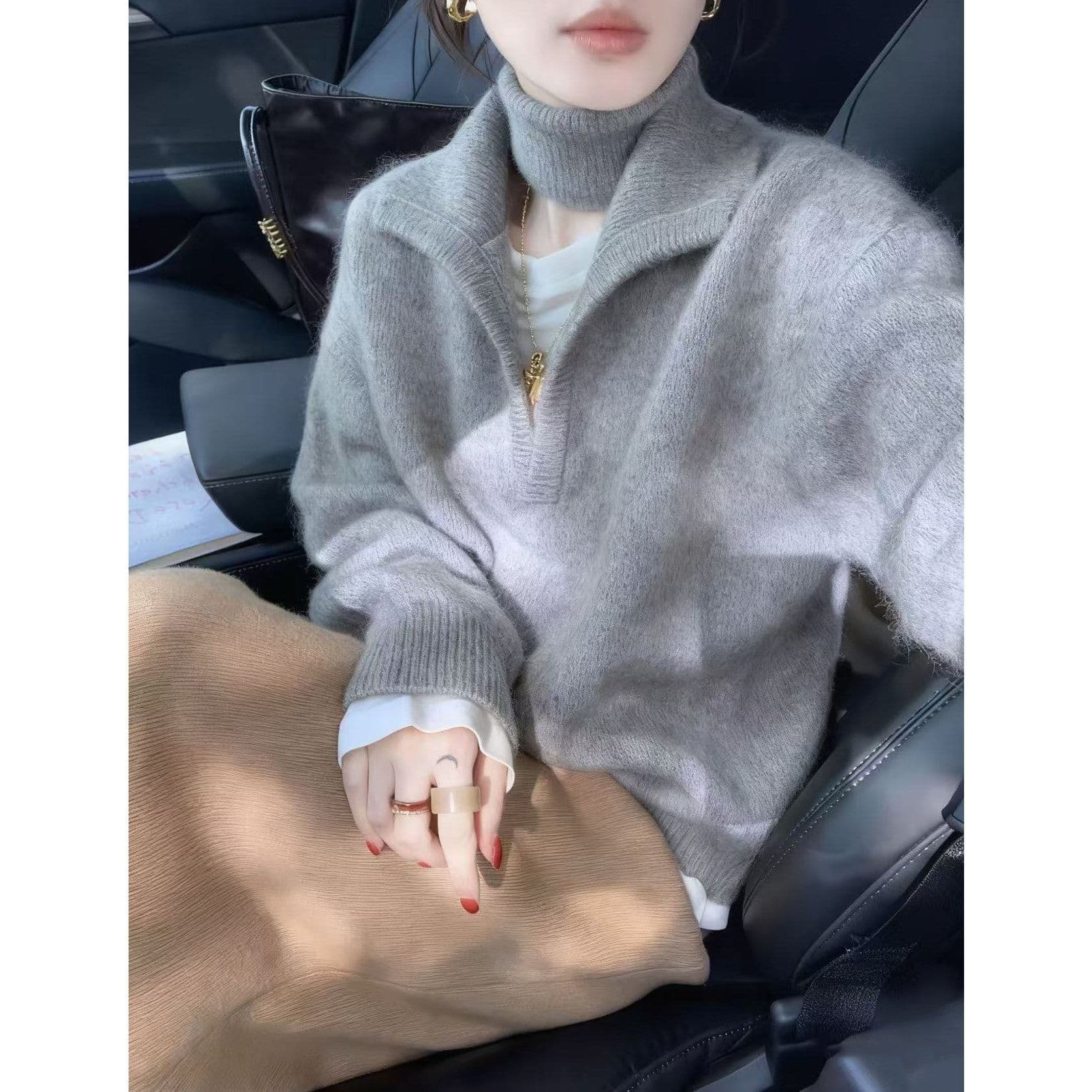 부드러운 패션 반하이넥 니트 오픈 가디건 가을 슬림해 보이는 다용도 스웨터 여자 루즈핏 느긋한 바람 다용도 맨위 여성 상세 이미지 1