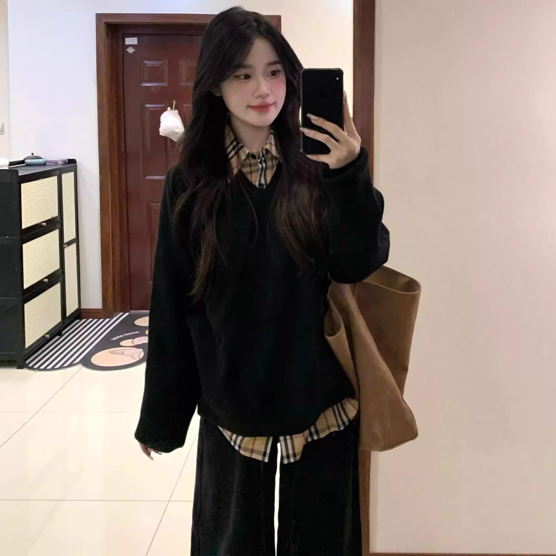 한국 스타일 패션 디자인 체크무늬 가을 지방 mm 패치워크 페이크 레이어드 긴팔 레트로 새로운 후드티 다용도 투피스 세트 이미지 4