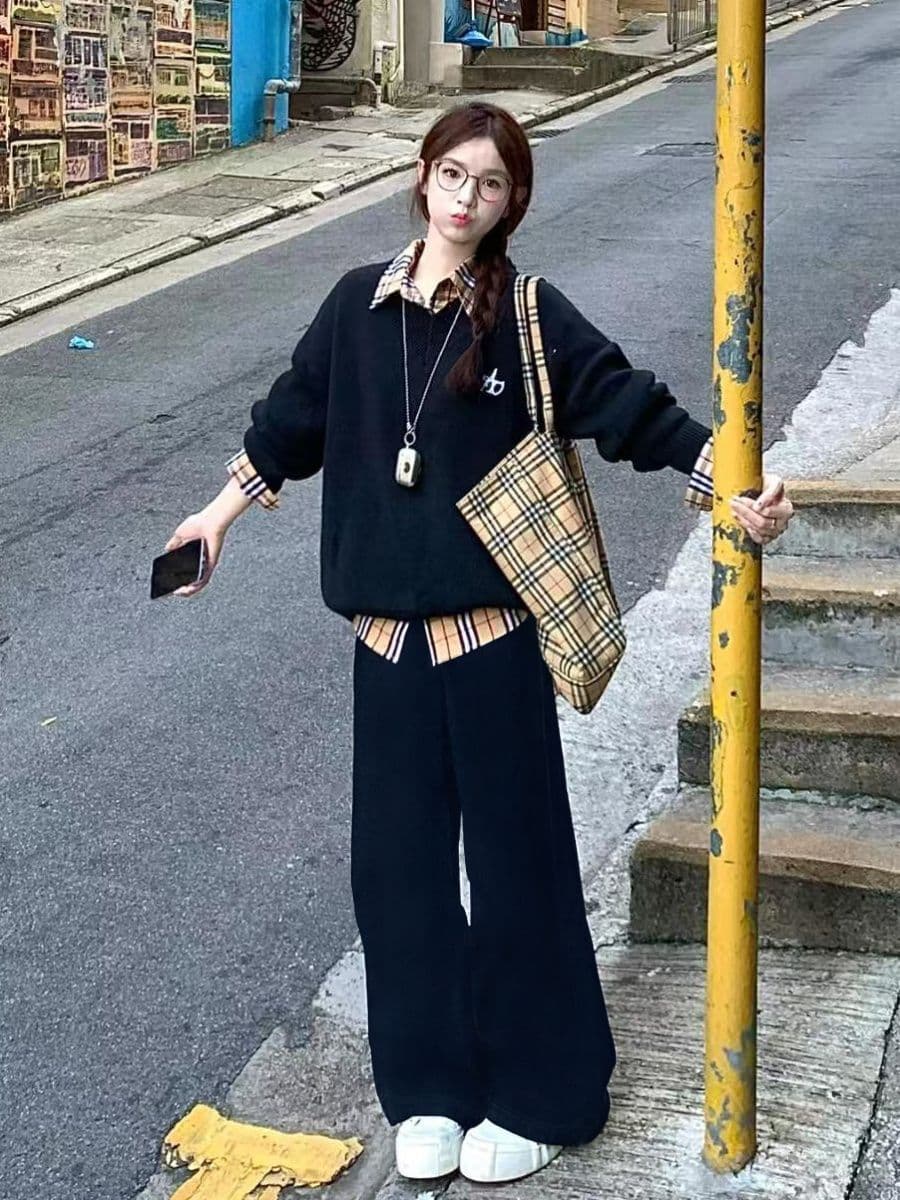 한국 스타일 패션 디자인 체크무늬 가을 지방 mm 패치워크 페이크 레이어드 긴팔 레트로 새로운 후드티 다용도 투피스 세트 상세 이미지 2