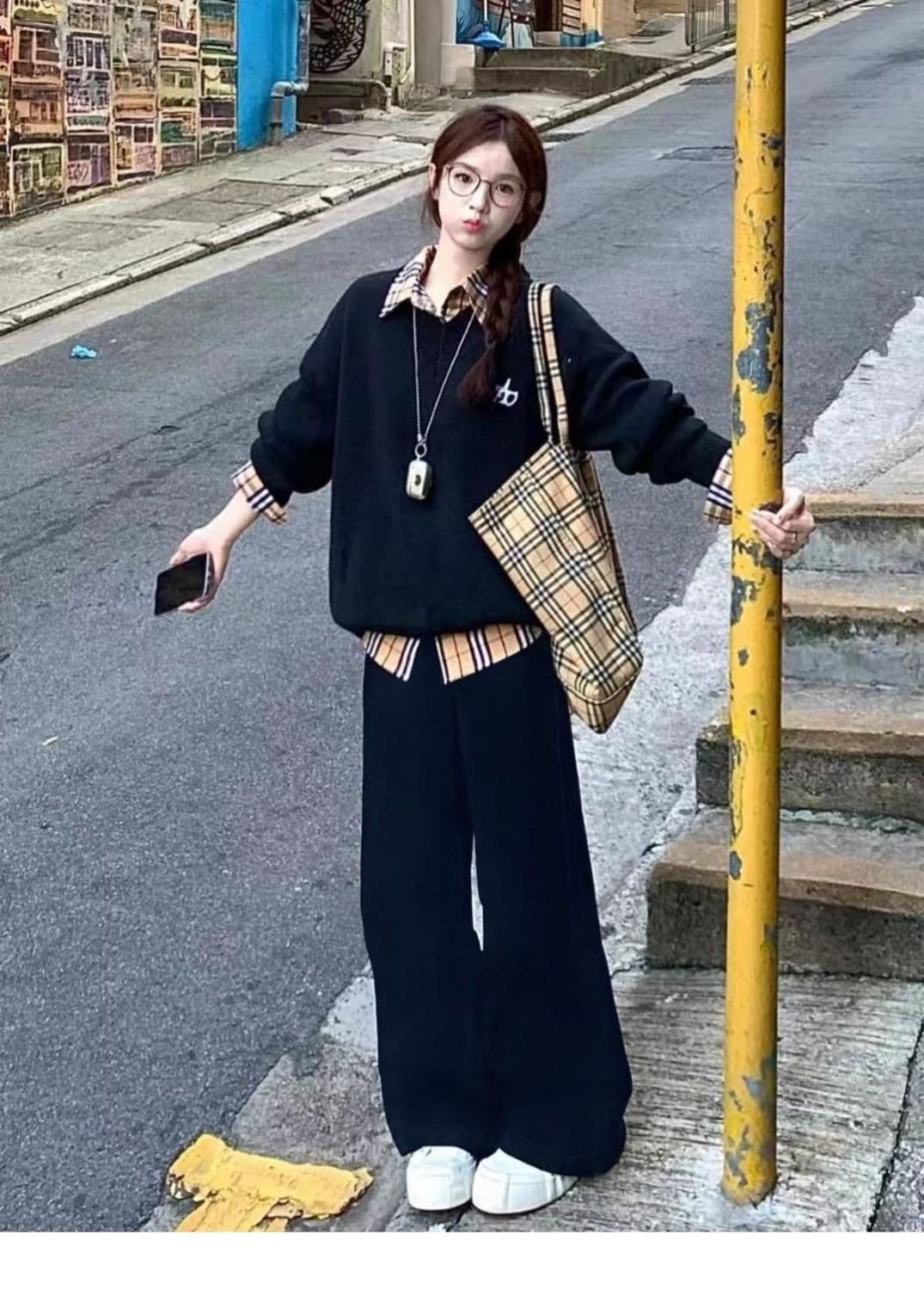 한국 스타일 패션 디자인 체크무늬 가을 지방 mm 패치워크 페이크 레이어드 긴팔 레트로 새로운 후드티 다용도 투피스 세트 상세 이미지 4