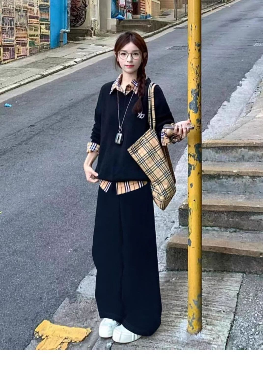 한국 스타일 패션 디자인 체크무늬 가을 지방 mm 패치워크 페이크 레이어드 긴팔 레트로 새로운 후드티 다용도 투피스 세트 상세 이미지 5