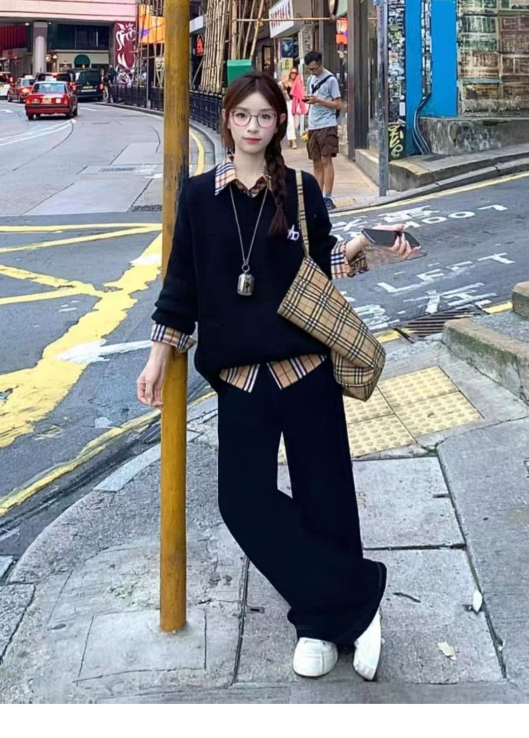 한국 스타일 패션 디자인 체크무늬 가을 지방 mm 패치워크 페이크 레이어드 긴팔 레트로 새로운 후드티 다용도 투피스 세트 상세 이미지 6
