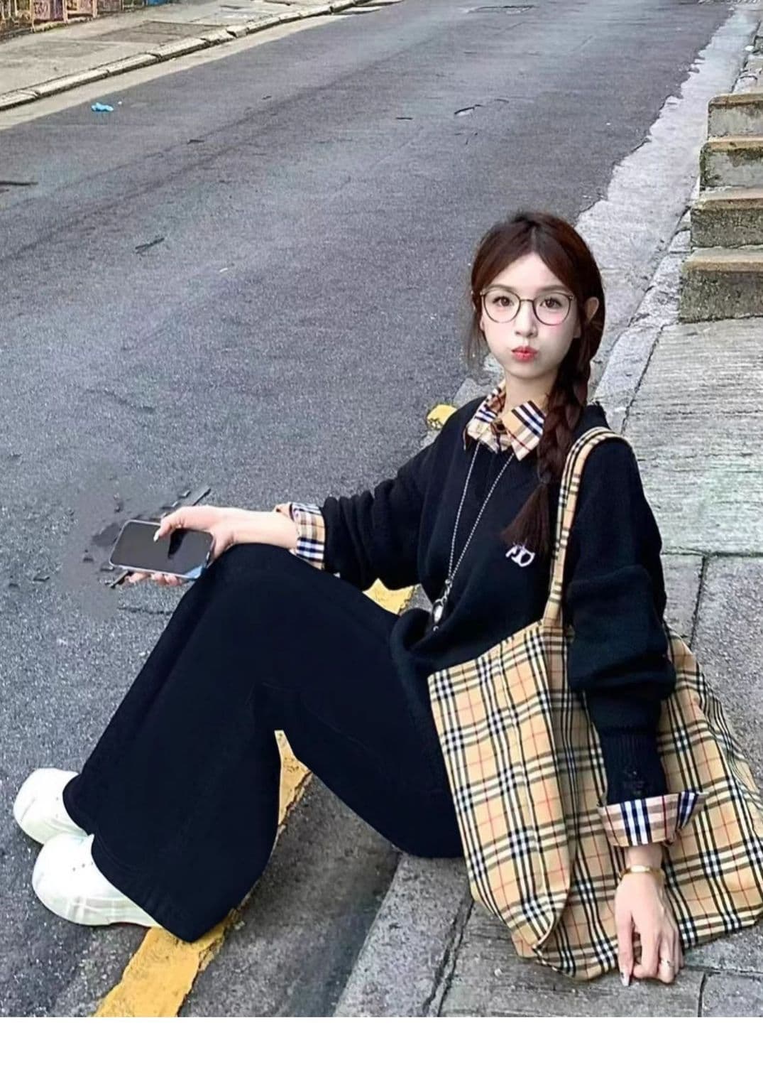 한국 스타일 패션 디자인 체크무늬 가을 지방 mm 패치워크 페이크 레이어드 긴팔 레트로 새로운 후드티 다용도 투피스 세트 상세 이미지 7