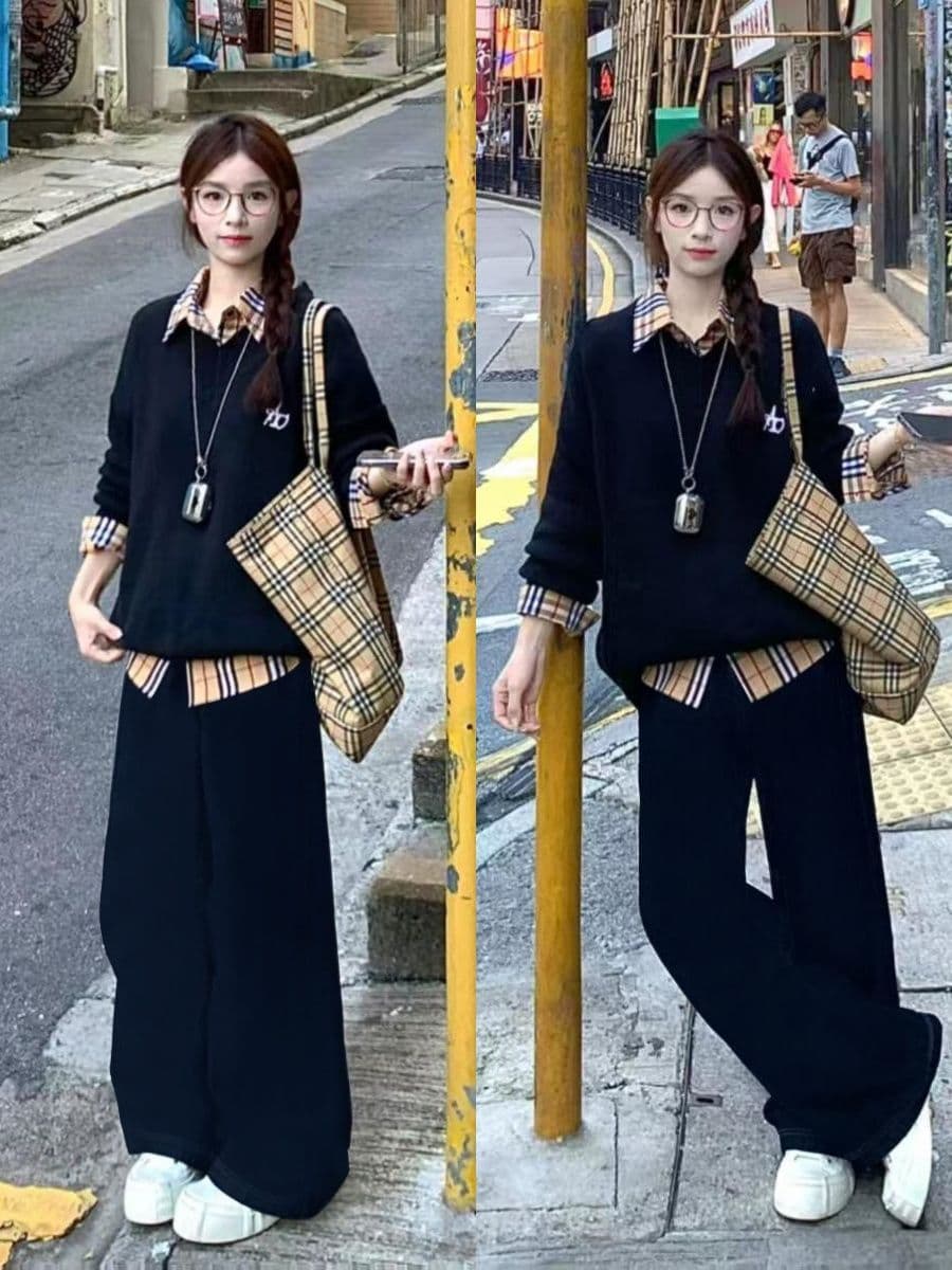 한국 스타일 패션 디자인 체크무늬 가을 지방 mm 패치워크 페이크 레이어드 긴팔 레트로 새로운 후드티 다용도 투피스 세트 상세 이미지 8