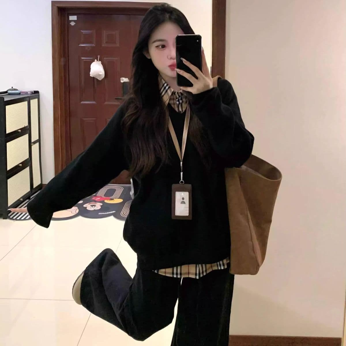 한국 스타일 패션 디자인 체크무늬 가을 지방 mm 패치워크 페이크 레이어드 긴팔 레트로 새로운 후드티 다용도 투피스 세트 상세 이미지 11