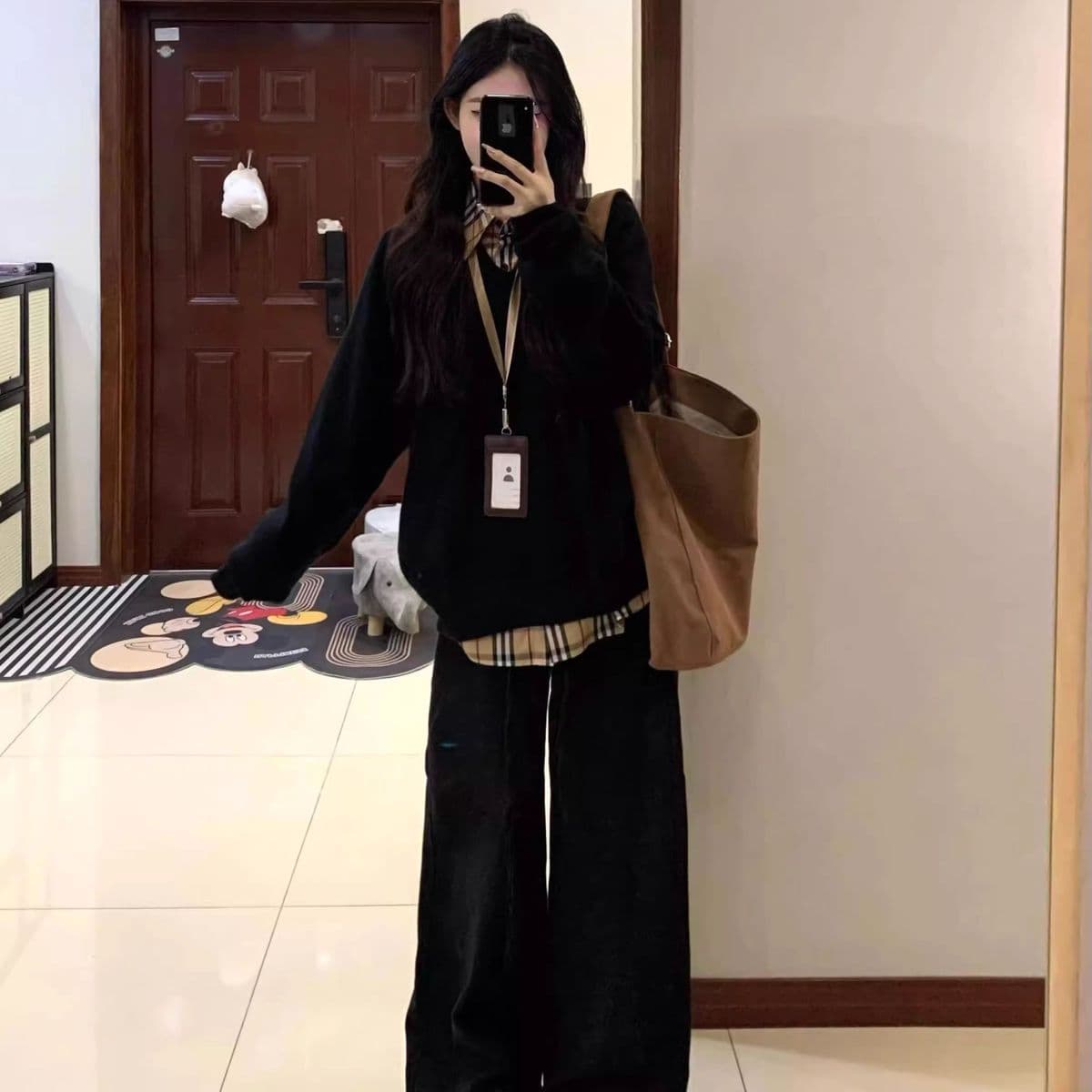 한국 스타일 패션 디자인 체크무늬 가을 지방 mm 패치워크 페이크 레이어드 긴팔 레트로 새로운 후드티 다용도 투피스 세트 상세 이미지 12