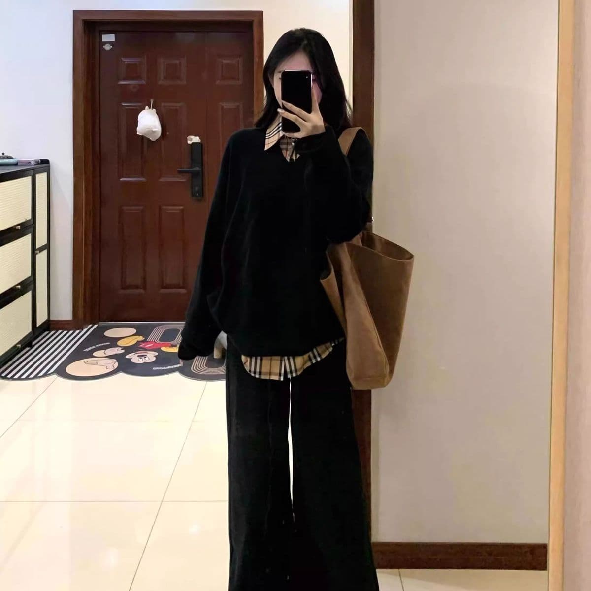 한국 스타일 패션 디자인 체크무늬 가을 지방 mm 패치워크 페이크 레이어드 긴팔 레트로 새로운 후드티 다용도 투피스 세트 상세 이미지 14