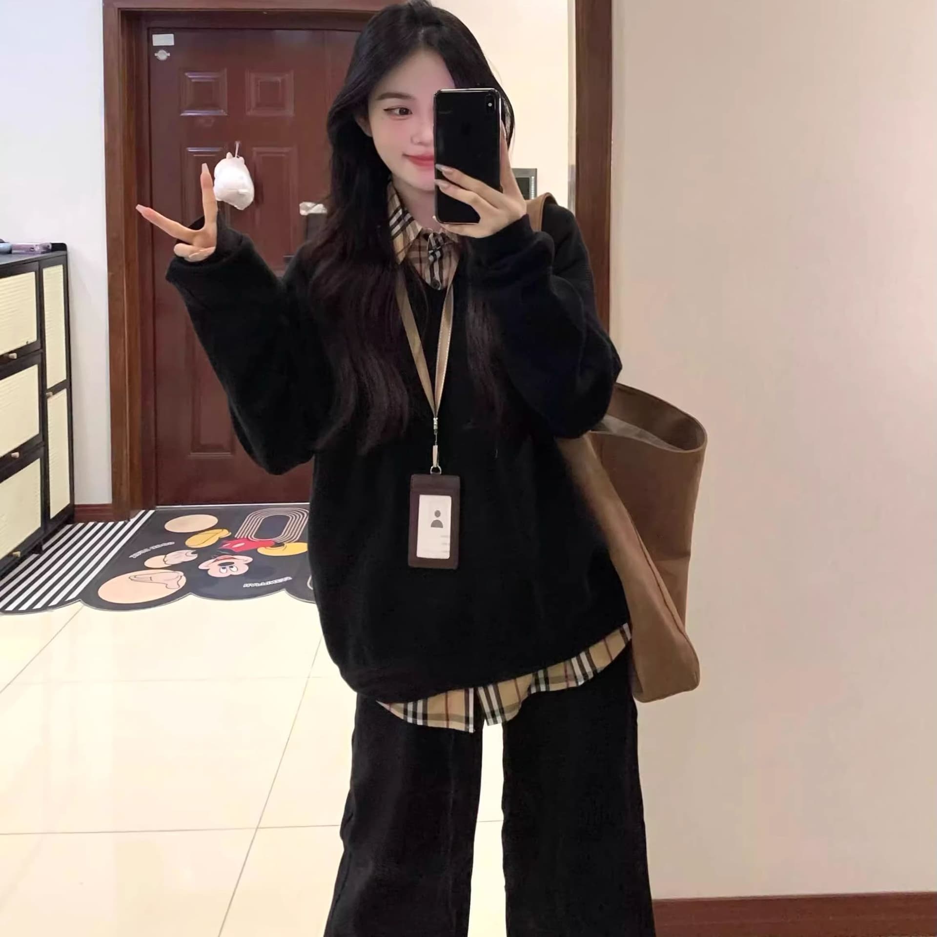 한국 스타일 패션 디자인 체크무늬 가을 지방 mm 패치워크 페이크 레이어드 긴팔 레트로 새로운 후드티 다용도 투피스 세트 상세 이미지 16