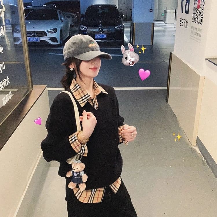 한국 스타일 패션 디자인 체크무늬 가을 지방 mm 패치워크 페이크 레이어드 긴팔 레트로 새로운 후드티 다용도 투피스 세트 상세 이미지 20