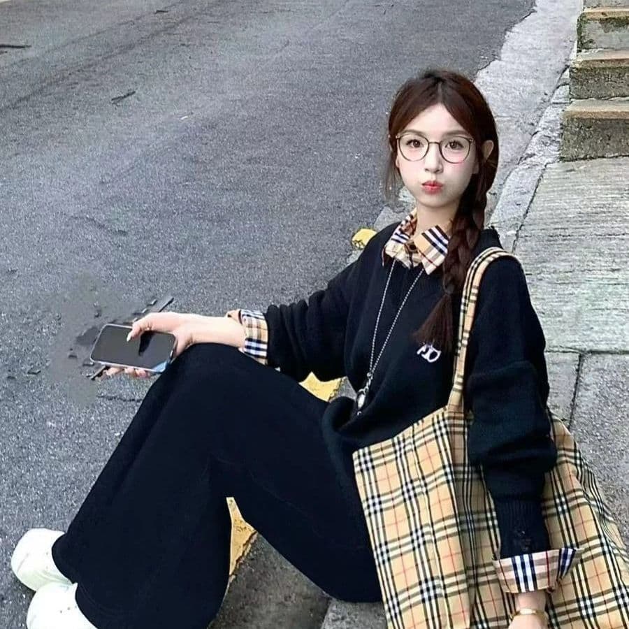 한국 스타일 패션 디자인 체크무늬 가을 지방 mm 패치워크 페이크 레이어드 긴팔 레트로 새로운 후드티 다용도 투피스 세트 상세 이미지 21