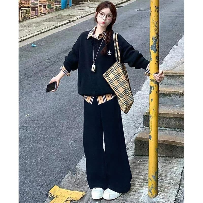 한국 스타일 패션 디자인 체크무늬 가을 지방 mm 패치워크 페이크 레이어드 긴팔 레트로 새로운 후드티 다용도 투피스 세트 상세 이미지 22