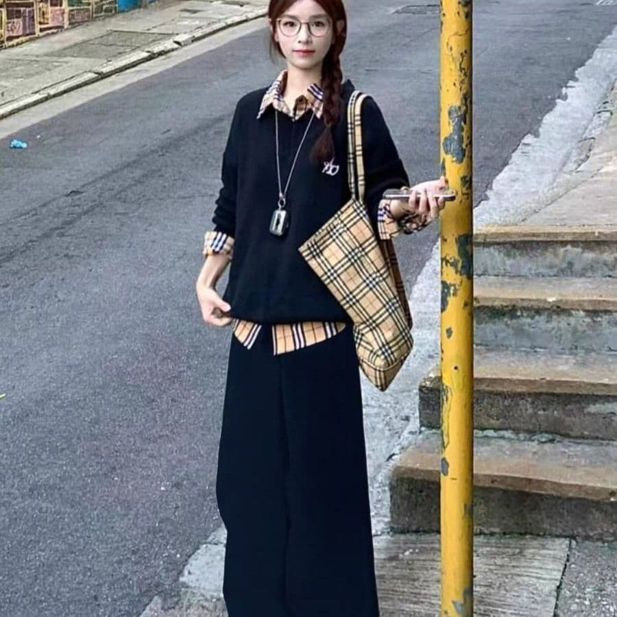 한국 스타일 패션 디자인 체크무늬 가을 지방 mm 패치워크 페이크 레이어드 긴팔 레트로 새로운 후드티 다용도 투피스 세트 상세 이미지 23
