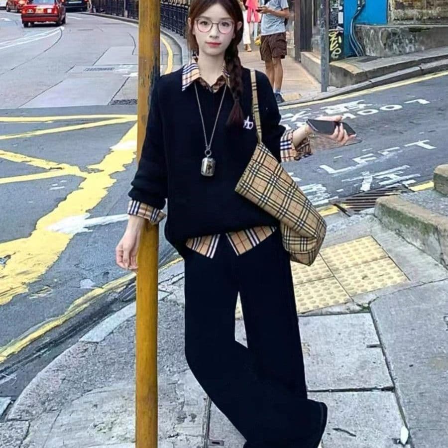 한국 스타일 패션 디자인 체크무늬 가을 지방 mm 패치워크 페이크 레이어드 긴팔 레트로 새로운 후드티 다용도 투피스 세트 상세 이미지 24