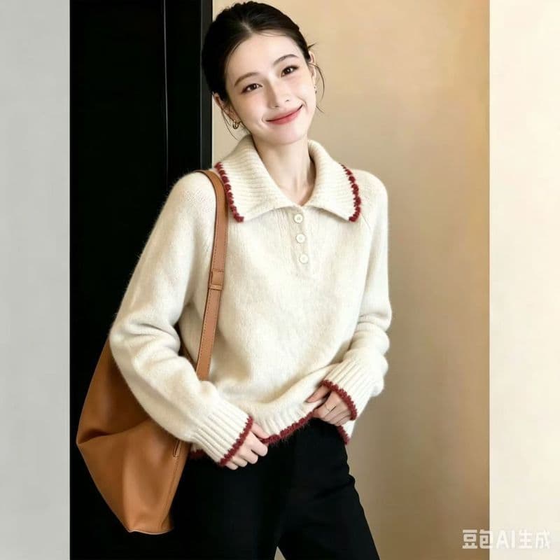 가을 겨울 새로운 니트 스웨터 여자 폴로 칼라 배색 두꺼운 긴팔 니트 스웨터 디자인 센스 루즈핏 디스플레이 농땡이 부리다 맨위 상세 이미지 8