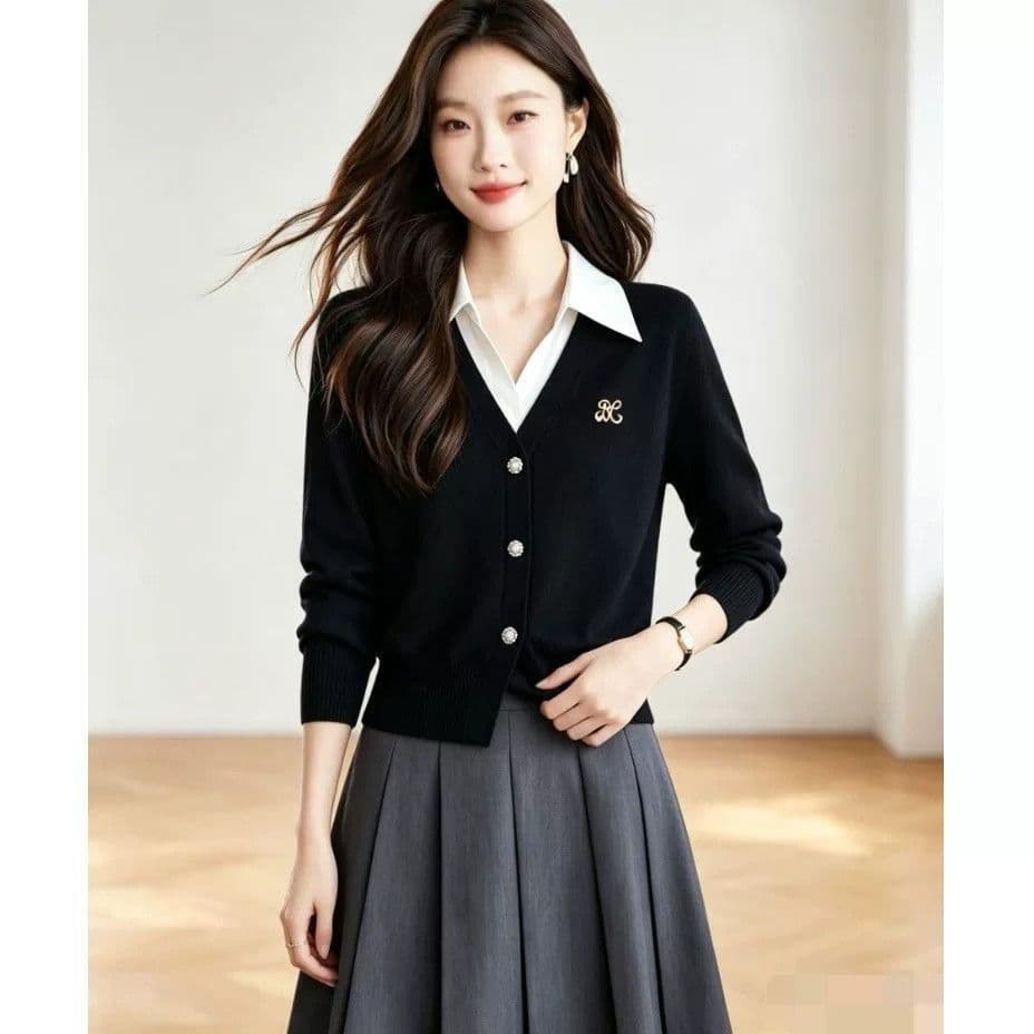 가을 겨울 새로운 페이크 레이어드 폴로 칼라 니트 스웨터 여성 배색 POLO 칼라 루즈핏 연령 감소 슬림해 보이는 패션 다용도 맨위 상세 이미지 7