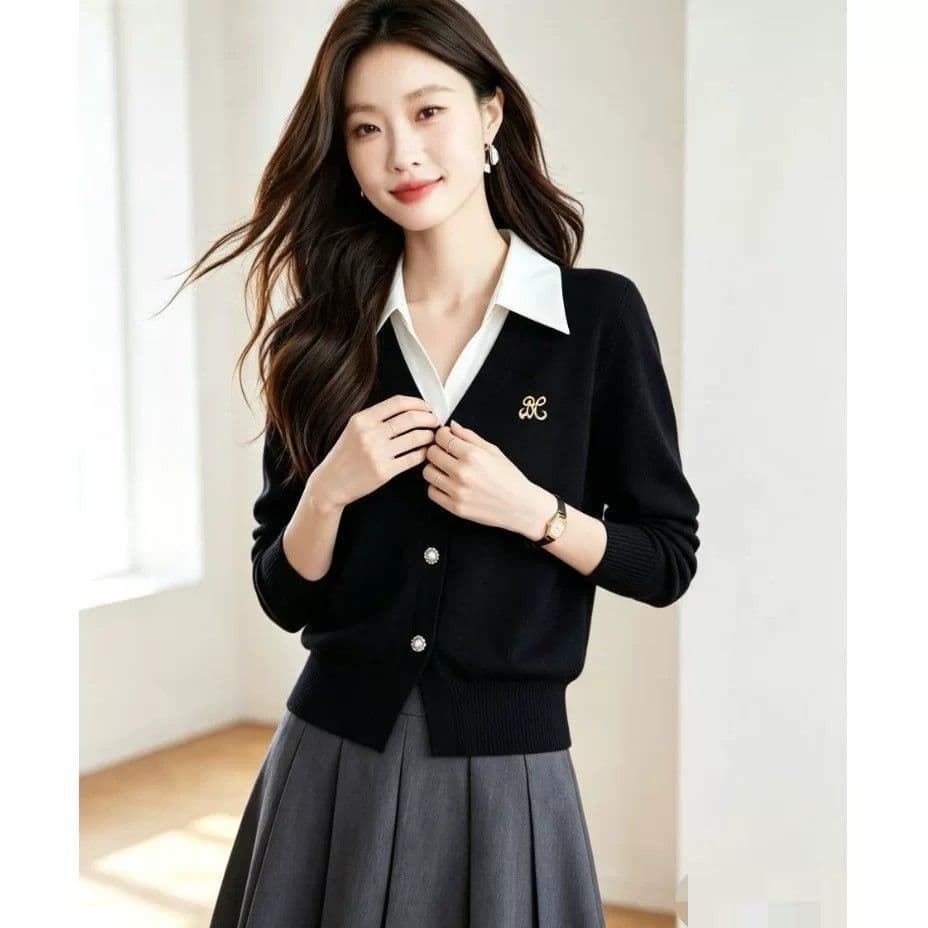 가을 겨울 새로운 페이크 레이어드 폴로 칼라 니트 스웨터 여성 배색 POLO 칼라 루즈핏 연령 감소 슬림해 보이는 패션 다용도 맨위 상세 이미지 17