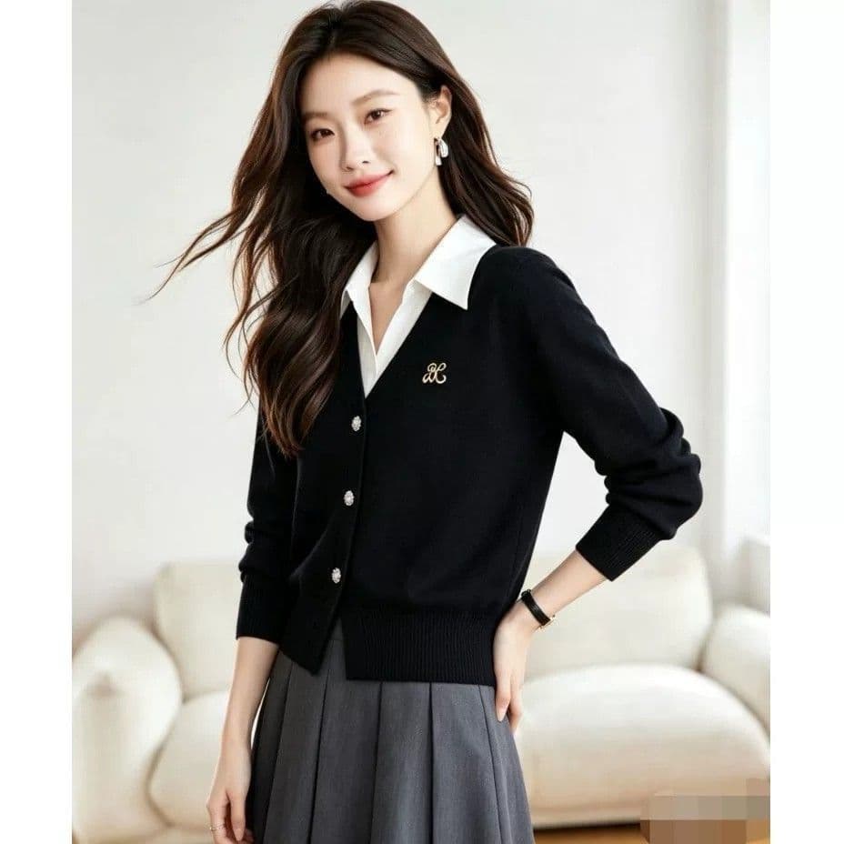 가을 겨울 새로운 페이크 레이어드 폴로 칼라 니트 스웨터 여성 배색 POLO 칼라 루즈핏 연령 감소 슬림해 보이는 패션 다용도 맨위 상세 이미지 18