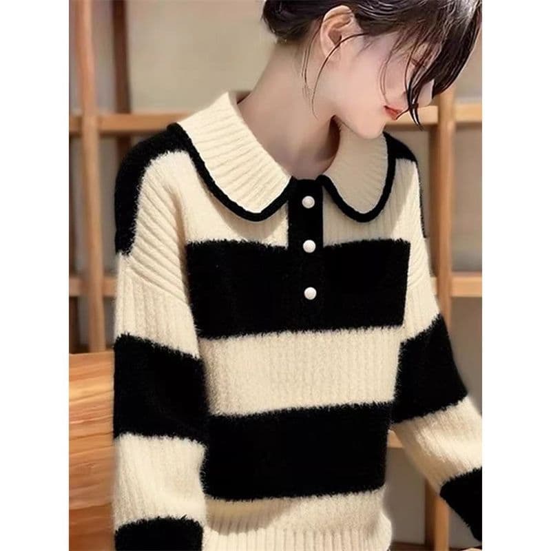 베이비 칼라 니트 스웨터 가을 겨울 새로운 부드러운 찹쌀 스트라이프 패치워크 색상 기본 셔츠 맨위 슬림해 보이는 연령 감소 다용도 여성 의류 상세 이미지 9