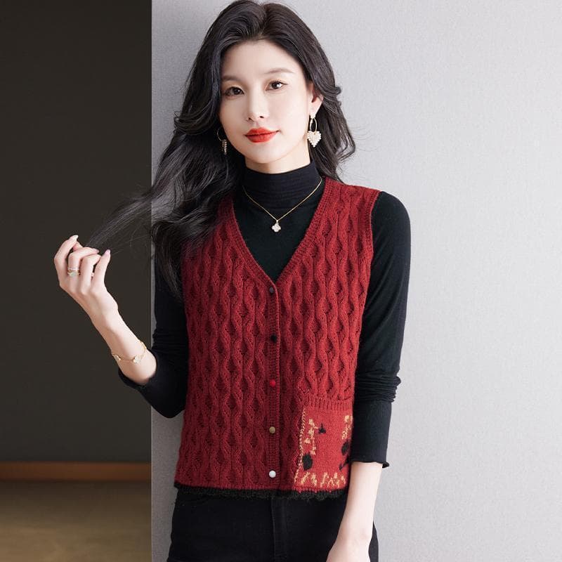봄 가을 새로운 레트로 문예 니트 베스트 여성 짧은 재킷 맨위 민소매 스웨터 오픈 가디건 조끼 어깨 여성 이미지 2