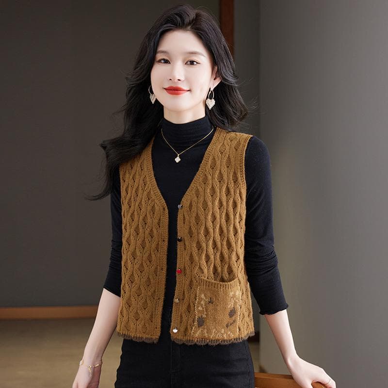 봄 가을 새로운 레트로 문예 니트 베스트 여성 짧은 재킷 맨위 민소매 스웨터 오픈 가디건 조끼 어깨 여성 상세 이미지 1