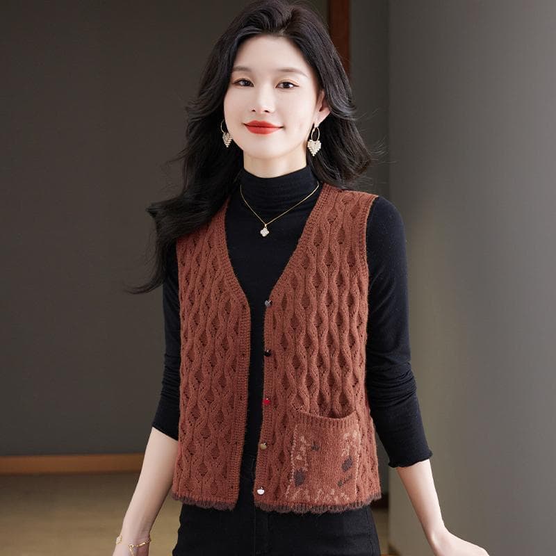 봄 가을 새로운 레트로 문예 니트 베스트 여성 짧은 재킷 맨위 민소매 스웨터 오픈 가디건 조끼 어깨 여성 상세 이미지 8