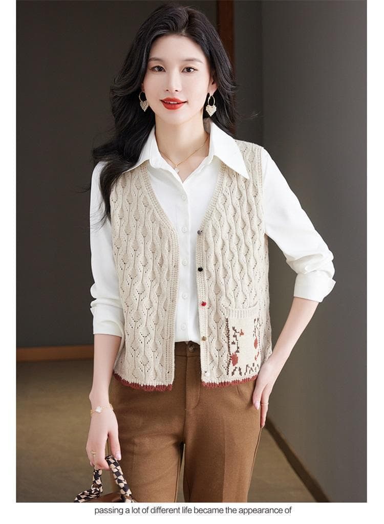 봄 가을 새로운 레트로 문예 니트 베스트 여성 짧은 재킷 맨위 민소매 스웨터 오픈 가디건 조끼 어깨 여성 상세 이미지 11