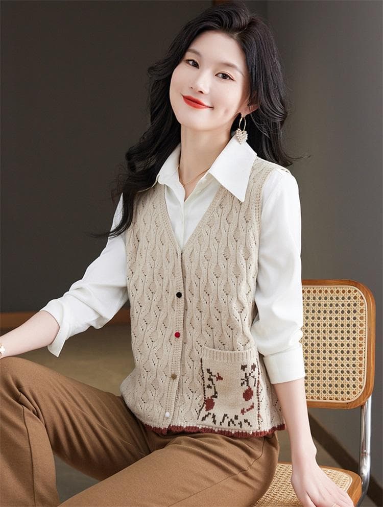 봄 가을 새로운 레트로 문예 니트 베스트 여성 짧은 재킷 맨위 민소매 스웨터 오픈 가디건 조끼 어깨 여성 상세 이미지 12