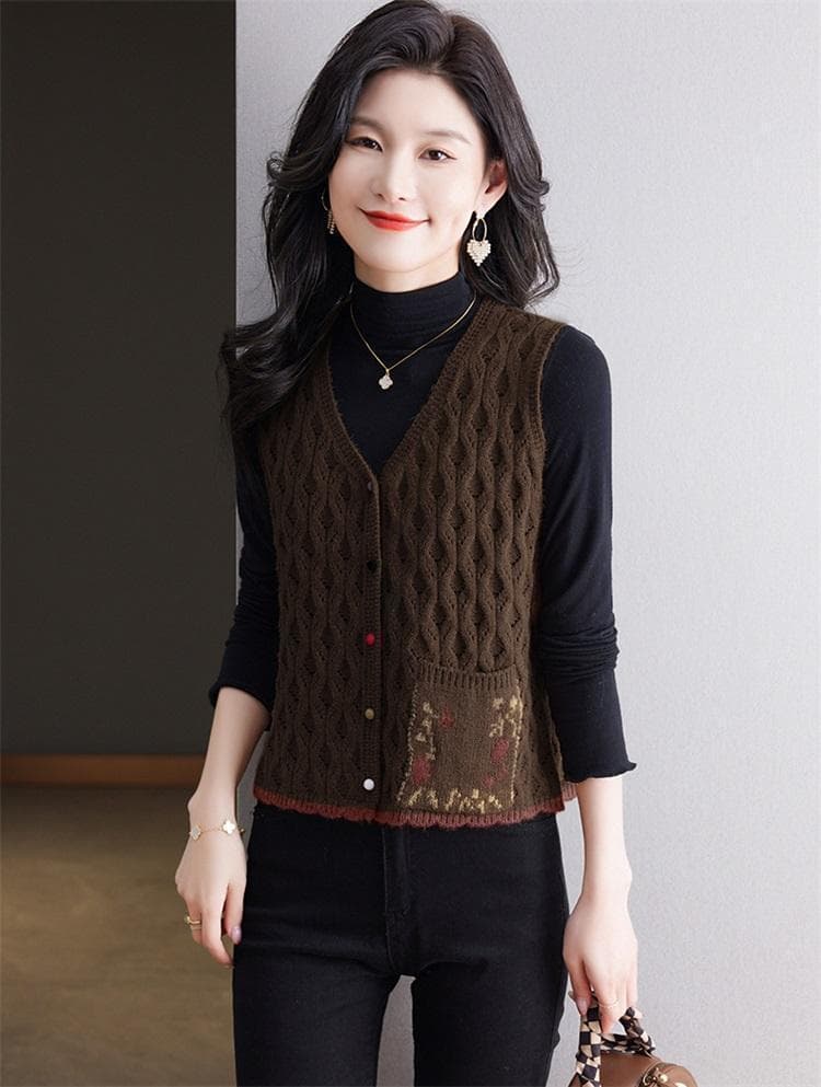 봄 가을 새로운 레트로 문예 니트 베스트 여성 짧은 재킷 맨위 민소매 스웨터 오픈 가디건 조끼 어깨 여성 상세 이미지 16