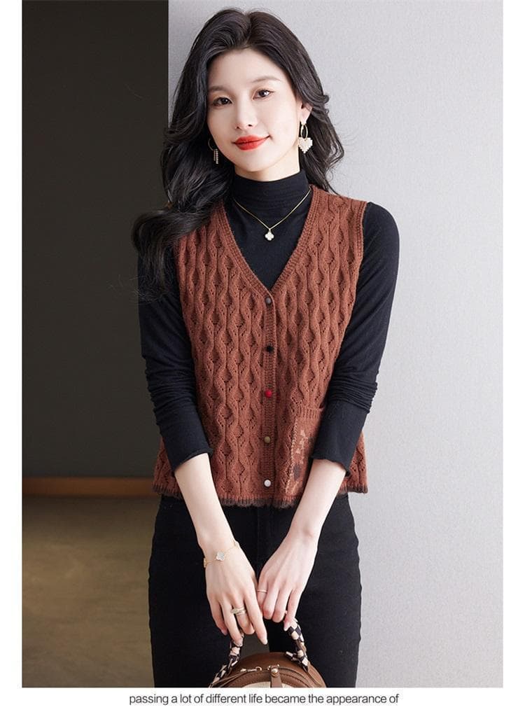 봄 가을 새로운 레트로 문예 니트 베스트 여성 짧은 재킷 맨위 민소매 스웨터 오픈 가디건 조끼 어깨 여성 상세 이미지 20