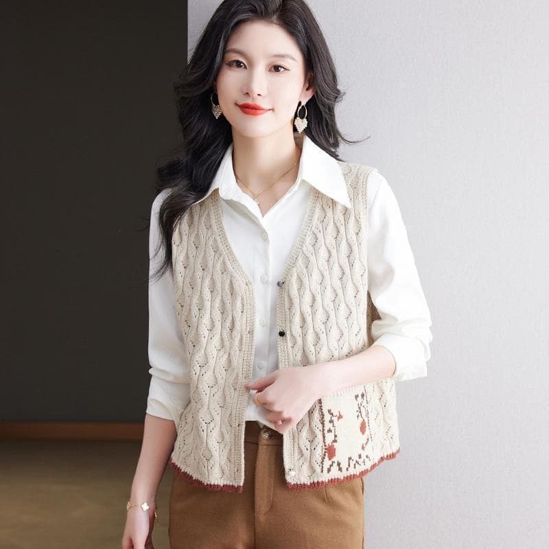 봄 가을 새로운 레트로 문예 니트 베스트 여성 짧은 재킷 맨위 민소매 스웨터 오픈 가디건 조끼 어깨 여성 상세 이미지 27