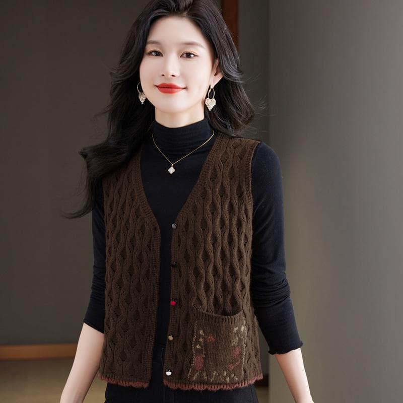 봄 가을 새로운 레트로 문예 니트 베스트 여성 짧은 재킷 맨위 민소매 스웨터 오픈 가디건 조끼 어깨 여성 상세 이미지 39