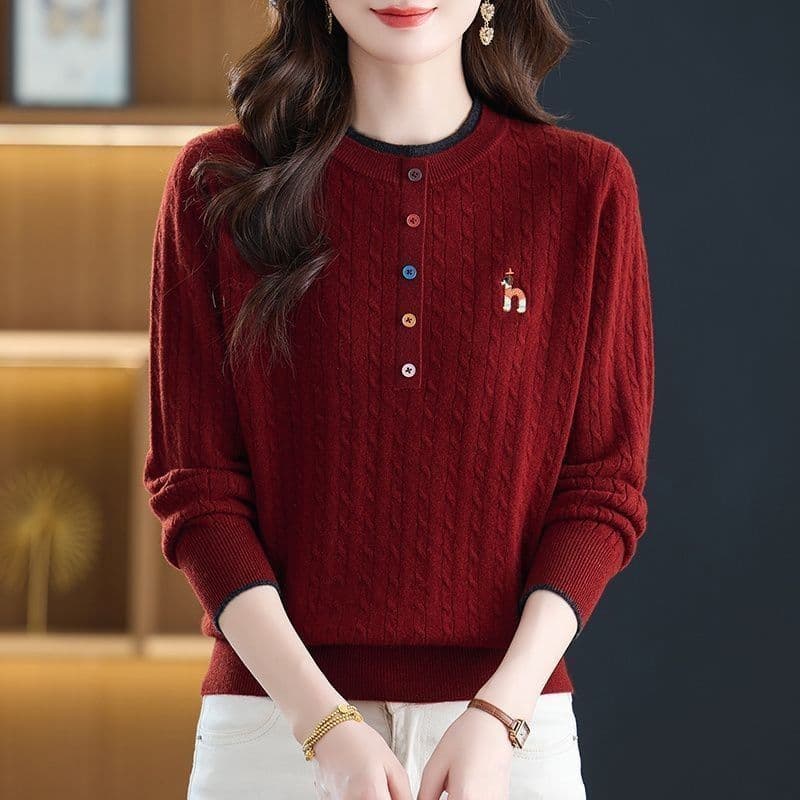 봄 가을 새로운 니트 스웨터 가을 겨울 라운드 넥 외국 가스 자수 스웨터 여자 루즈핏 연령 감소 슬림해 보이는 니트 만나는 맨위 이미지 4