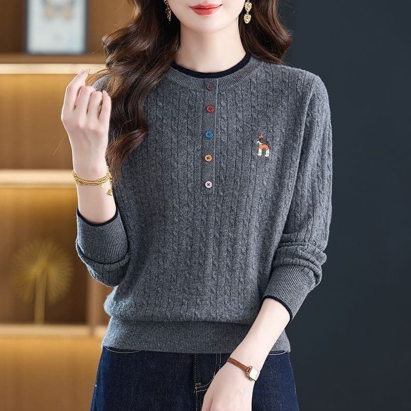 봄 가을 새로운 니트 스웨터 가을 겨울 라운드 넥 외국 가스 자수 스웨터 여자 루즈핏 연령 감소 슬림해 보이는 니트 만나는 맨위 이미지 2