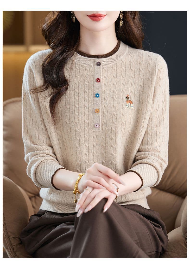봄 가을 새로운 니트 스웨터 가을 겨울 라운드 넥 외국 가스 자수 스웨터 여자 루즈핏 연령 감소 슬림해 보이는 니트 만나는 맨위 상세 이미지 10