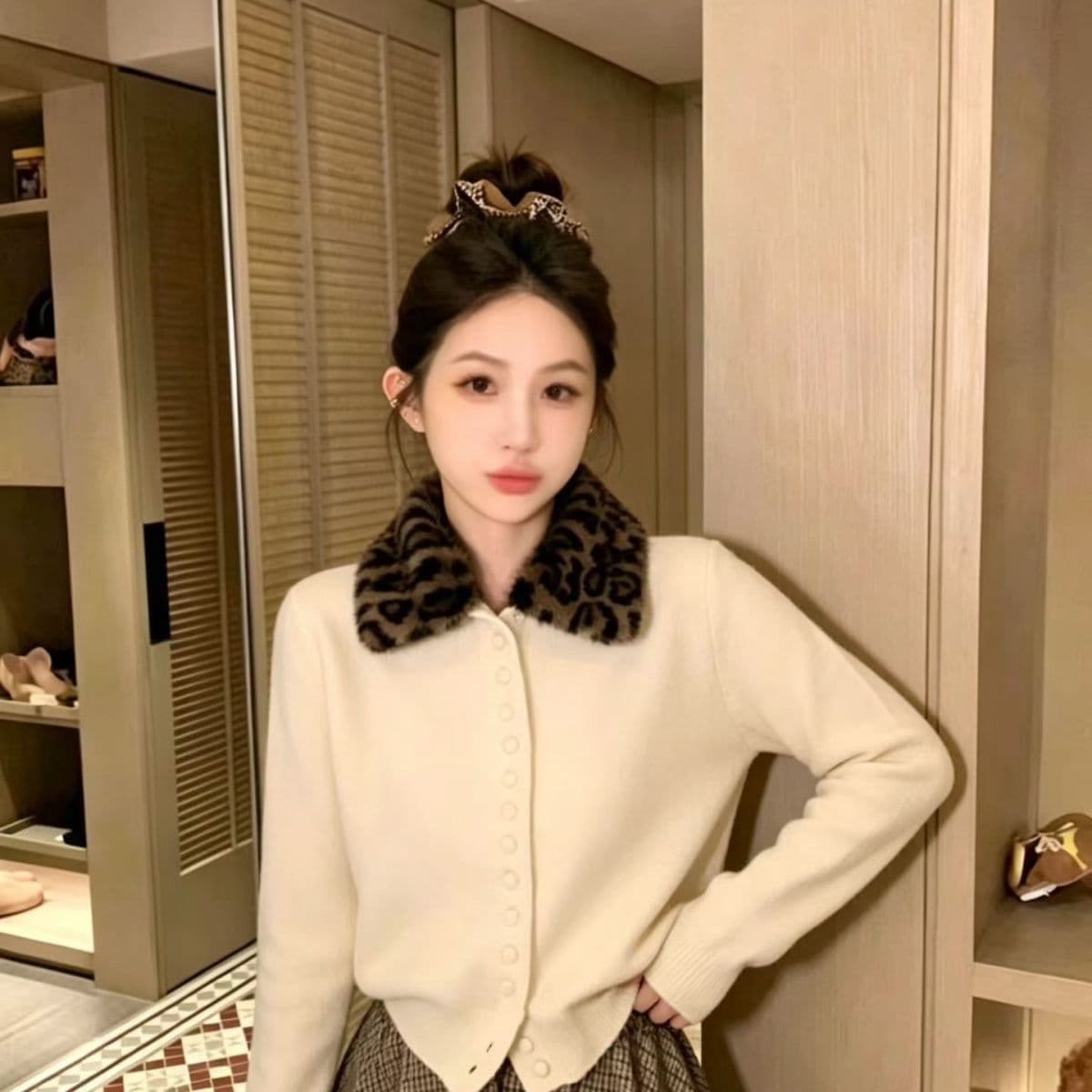레오파드 무늬 폴로 칼라 긴팔 스웨터 여자 가을 겨울 느긋한 고급 센스 니트 오픈 가디건 루즈핏 슬림해 보이는 핫걸 품격 맨위 상세 이미지 30
