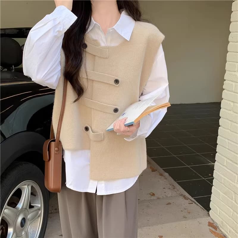 한국 스타일 불규칙 베스트 조끼 여성 봄 가을 새로운 작은 대중 디자인 센스 스택 착용 민소매 어깨 베스트 맨위 트렌디 상세 이미지 1