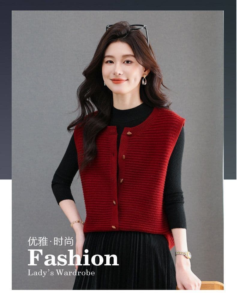 봄 가을 베스트 단색 민소매 라운드 넥 오픈 가디건 스웨터 새로운 패션 소뿔 버클 두꺼운 보온 니트 조끼 여성 상세 이미지 1