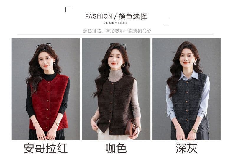 봄 가을 베스트 단색 민소매 라운드 넥 오픈 가디건 스웨터 새로운 패션 소뿔 버클 두꺼운 보온 니트 조끼 여성 상세 이미지 7