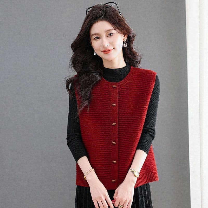 봄 가을 베스트 단색 민소매 라운드 넥 오픈 가디건 스웨터 새로운 패션 소뿔 버클 두꺼운 보온 니트 조끼 여성 상세 이미지 24