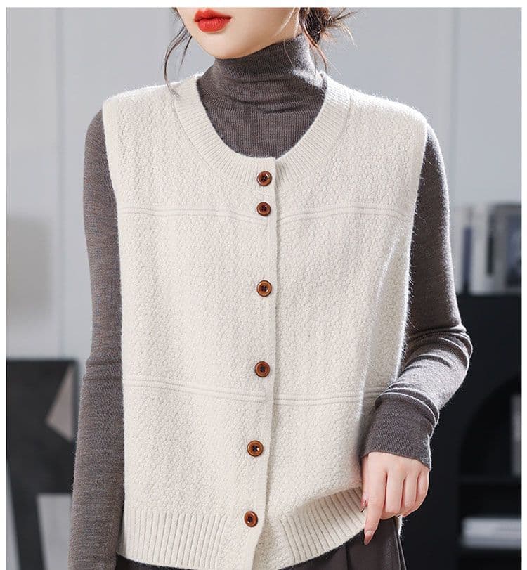 가을 민소매 양모 오픈 가디건 패치워크 색상 라운드 넥 베스트 맨위 패션 루즈핏 니트 여성 스웨터 코트 어깨 상세 이미지 7