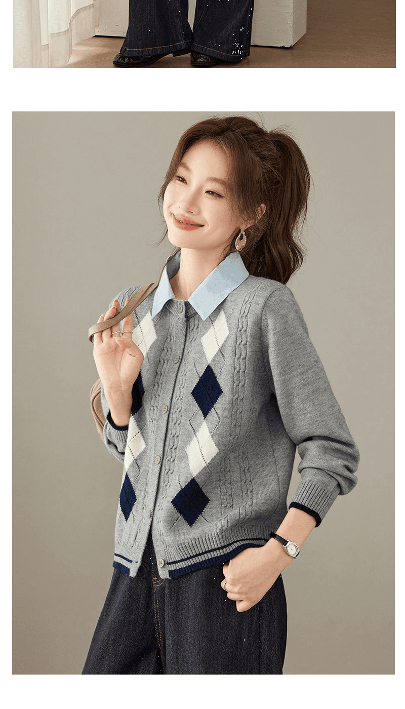 폴로 칼라 패치워크 페이크 레이어드 니트 오픈 가디건 여성 봄 가을 겨울 새로운 고급 센스 패션 외국 가스 맨위 스웨터 코트 상세 이미지 8