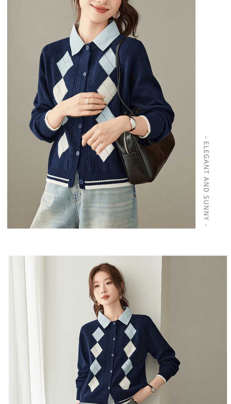 폴로 칼라 패치워크 페이크 레이어드 니트 오픈 가디건 여성 봄 가을 겨울 새로운 고급 센스 패션 외국 가스 맨위 스웨터 코트 상세 이미지 11
