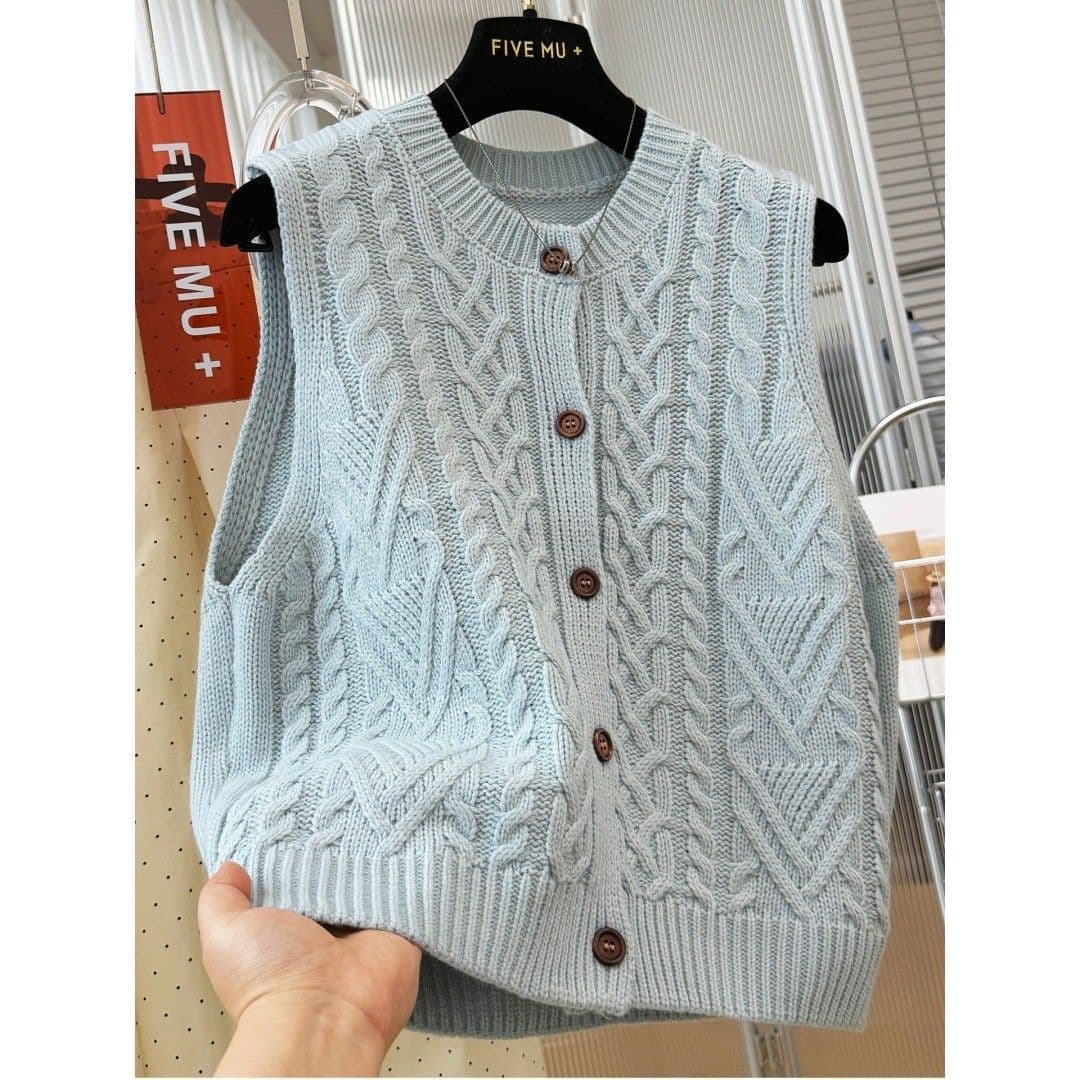 세련된 연령 감소 스택 착용 꽈배기 니트 민소매 스웨터 봄 가을 새로운 어깨 루즈핏 연령 감소 두꺼운 보온 맨위 이미지 4