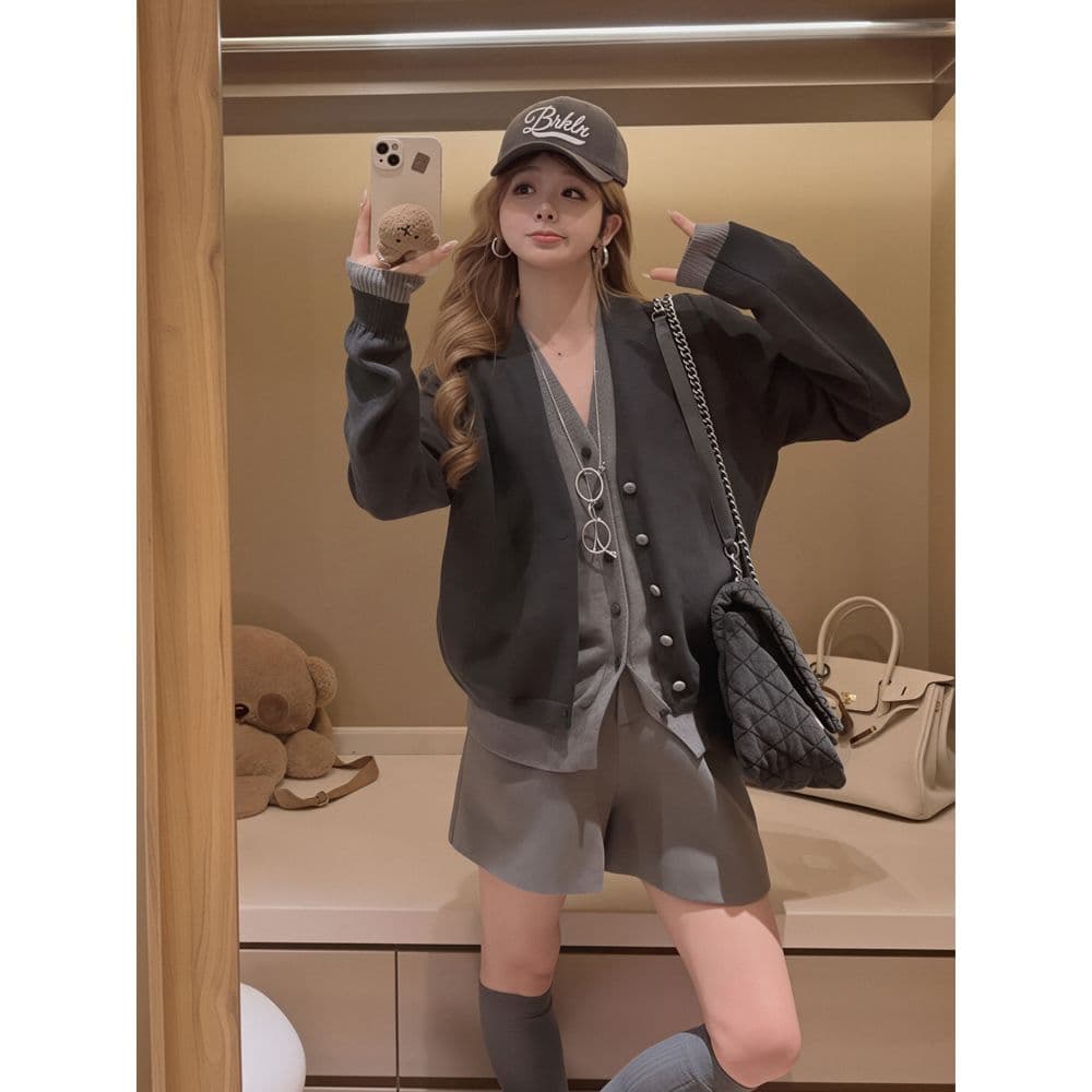 패치워크 배색 페이크 레이어드 긴팔 오픈 가디건 단추 맨위 여성 루즈핏 V넥 니트 스웨터 외부 가져 가라. 스웨터 여성 코트 상세 이미지 1
