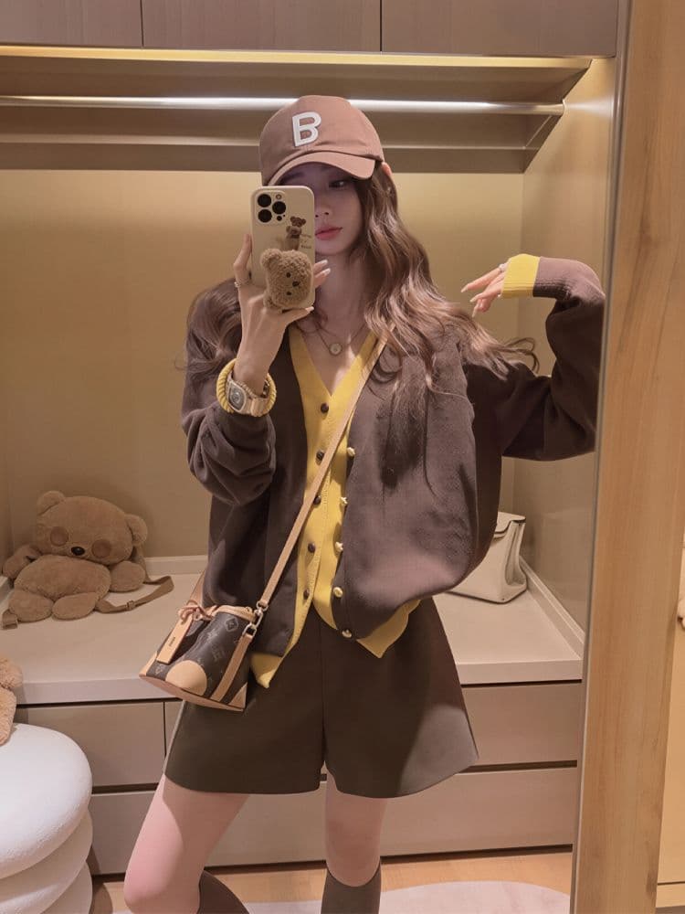 패치워크 배색 페이크 레이어드 긴팔 오픈 가디건 단추 맨위 여성 루즈핏 V넥 니트 스웨터 외부 가져 가라. 스웨터 여성 코트 상세 이미지 23